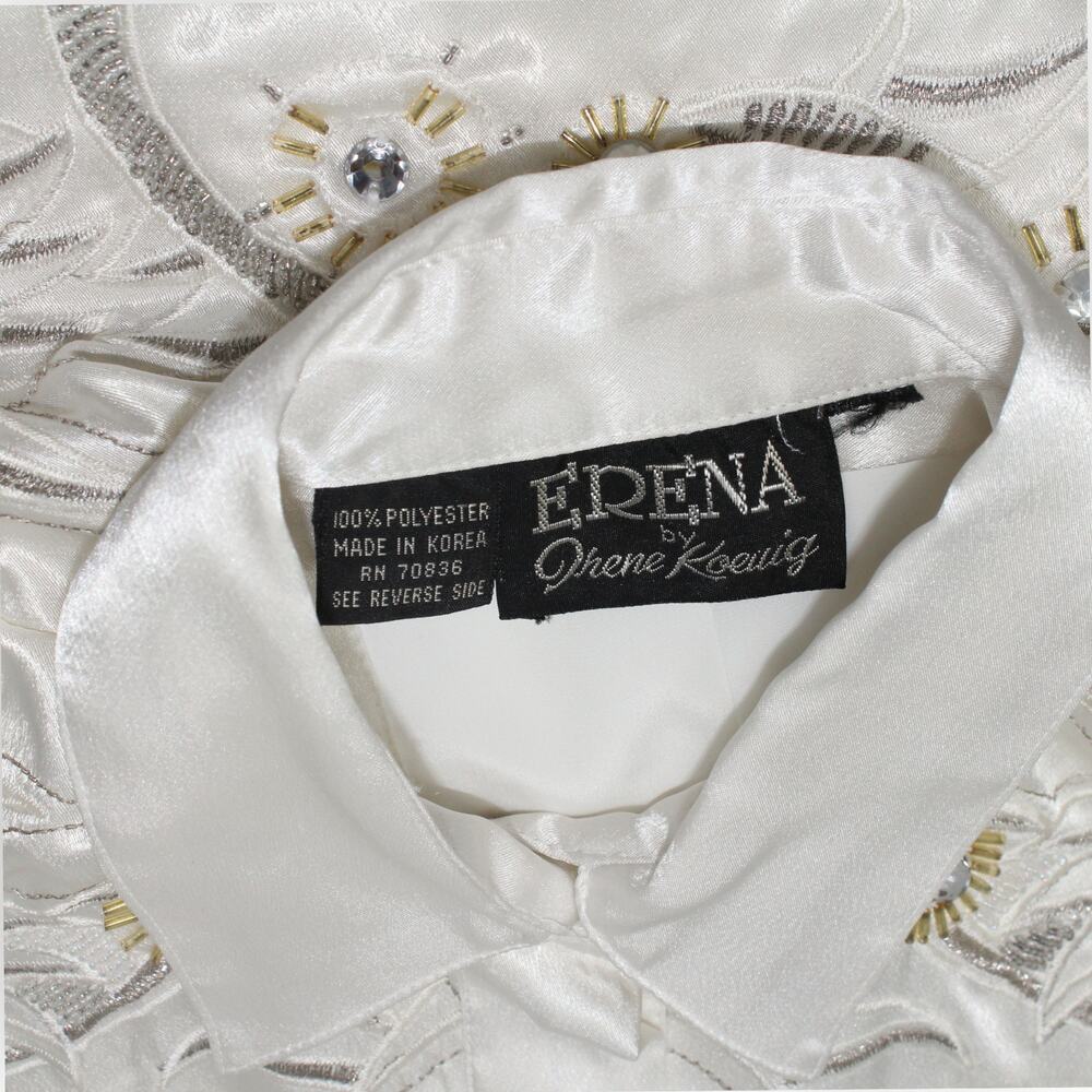 Vintage Erena by Irene Koenig Satin Blouse Ivory Embellished Yoke 80s XS/S - Picture 3 of 16